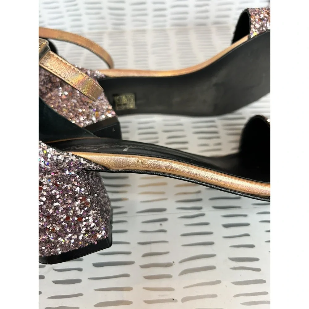 Free People Womens 39 Purple Multi Glitter Block Heel Ankle Strap Sandals‎ Disco